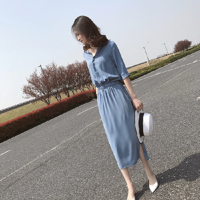 赫本长裙新款女装韩版时尚开叉裙子潮气质收腰显瘦连衣裙女夏|undefined