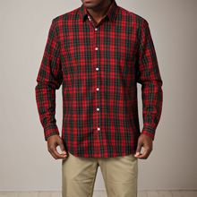 男士复古红色格子长袖衬衫修身休闲跨境外贸原单商务棉质大码男装