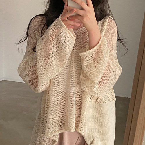 Gentle Wind Hollow Knit Sweater for Women - Summer Thin Loose Design Sensory Unique Top with Long Sleeve Cover-up Suncoat