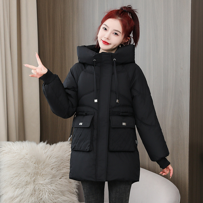 女性のための冬の厚みのあるミドル丈の綿の服 2025 新しい緩い大きいサイズのフード付き綿のジャケットファッション綿のジャケット防寒|undefined