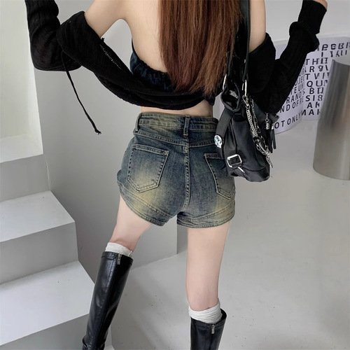 Vintage Distressed Denim Shorts for Women 2025 Summer: American-Style Hot Girl Hot Pants, Wide-Leg Ultra-Cropped Shorts with High Waist and Straight Leg, A-Line Design
