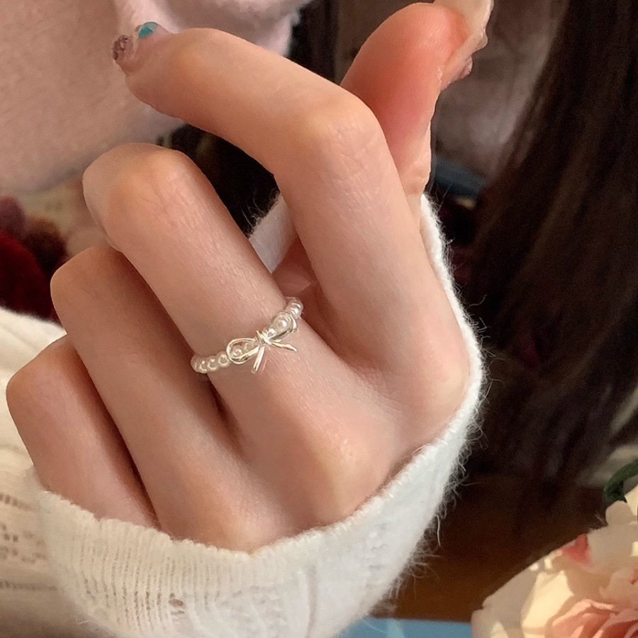 韩版蝴蝶结珍珠戒指女小众轻奢气质高级感食指戒百搭弹力绳指环潮详情3