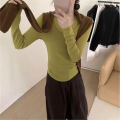 U粒-秋季女韩系简约基础款日常通勤修身显瘦U领长袖打底针织衫901