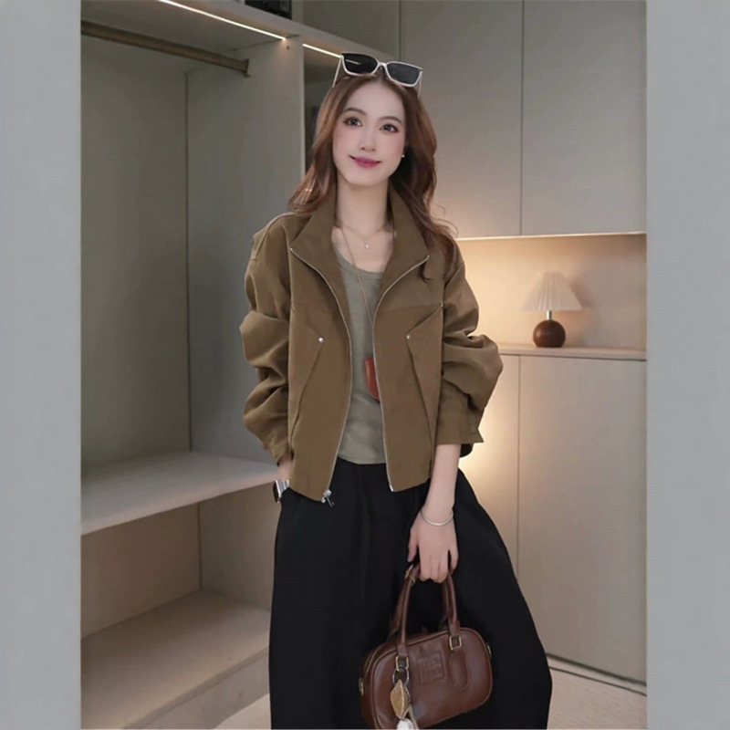 Women's short, stand-collar jacket for autumn, loose fit, slimming, with zipper, petite size, stylish, versatile, and suitable for work Women's short, stand-collar jacket for autumn, loose fit, slimming, with zipper, petite size, stylish, versatile, and suitable for work