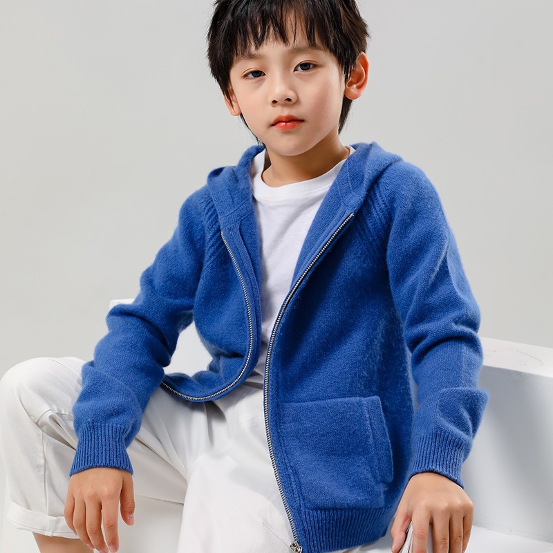 高品质儿童山羊绒针织帽衫男童连帽拉链纯色毛衣女童带兜羊绒毛衣