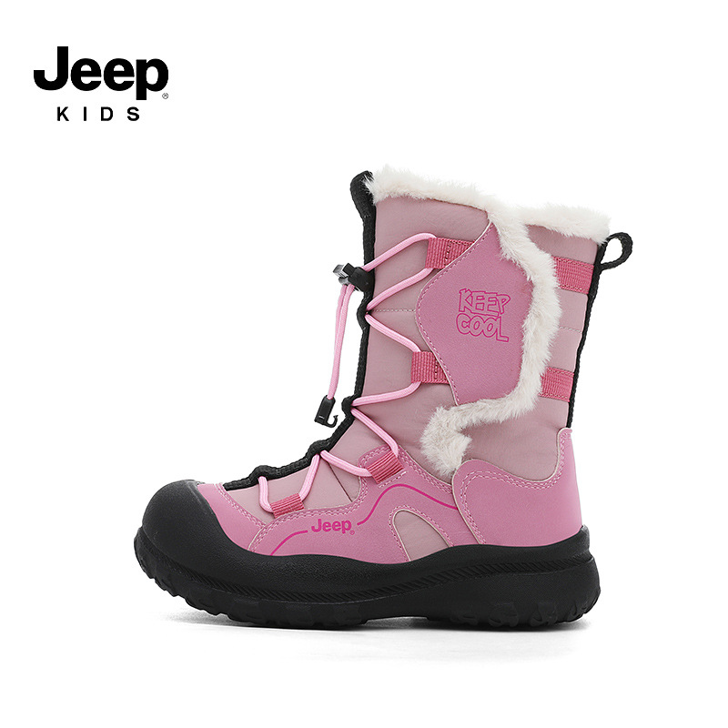 Jeep Girls' Snow Boots Winter Fleece-Lined Thickened Children's Large Cotton Shoes Waterproof 2025 New Style Leather and Fur Integrated Cotton Boots