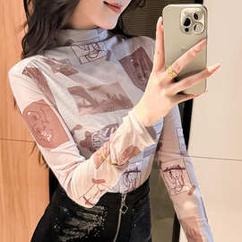 批发代销可爱动漫印花半高领网纱T恤鬼马少女感甜酷女装打底小衫