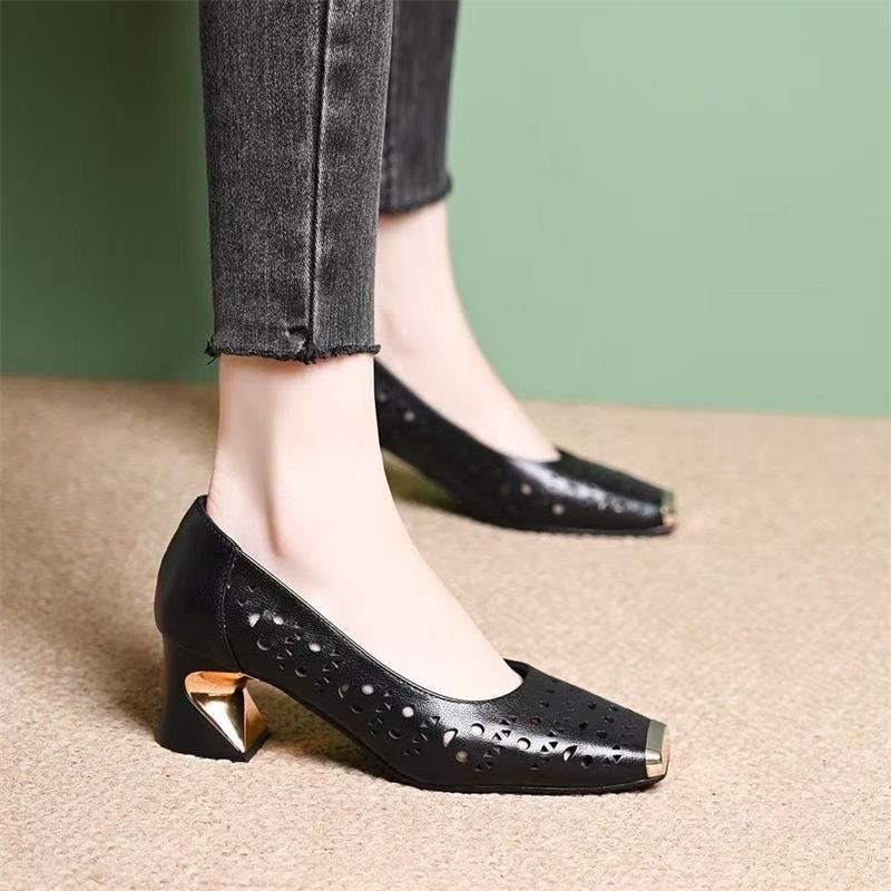 2026 nueva primavera y verano hueco de cuero suave zapatos de tacones de cuero suave zapatos de cuero cuadrado no cansados zapatos de tacones altos