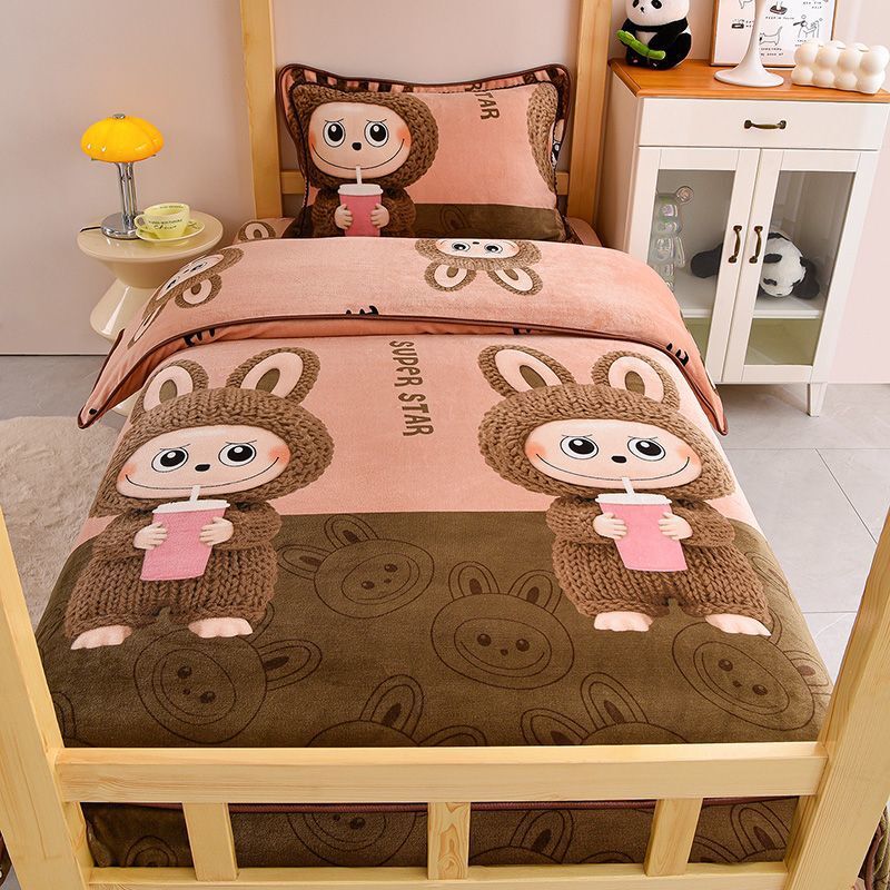 2025 New Thickeneded Milk Velvet Dormitory Winter Double-Sided Coral Quilt Cover Bedroom Student Dormitory Three-Piece Bed Bed Sheets
