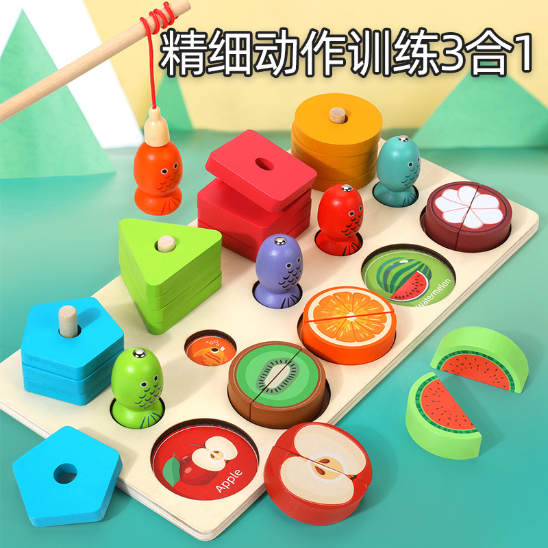 Personalizado para niños tres en uno multifunción abeja pesca magnética cinco juegos de madera de corte de fruta de columna juguetes educativos