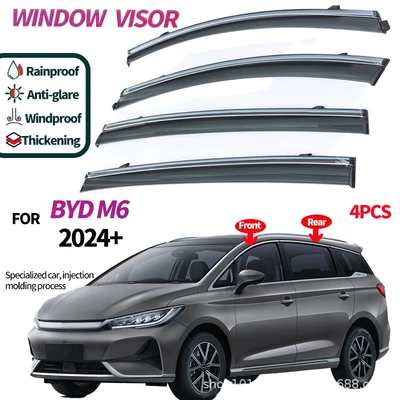 Suitable for right rudder version BYD M6 rain and rain shield rain eyebrow BYD M6 2024 Window visors (Rain shield) - injection-molded-thickened-version-4pcs-byd-m6-2024-right-hand-drive-version-acrylic-with-silver-bright-strips-suitable-for-batch-cross-border
