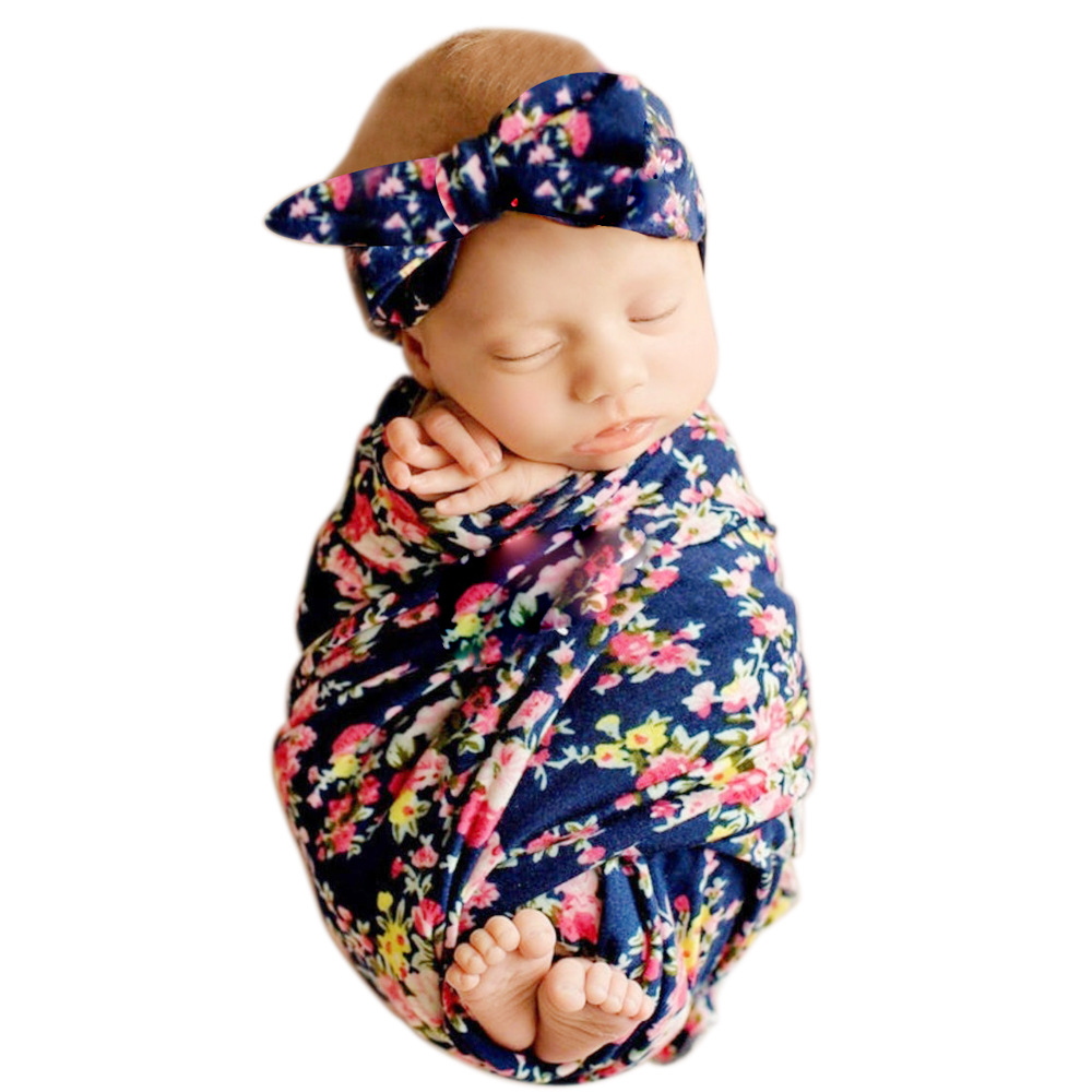 Cross-Border Newborn Swaddle Baby Printed Swaddle Quilt Baby Photography Wrap Cloth Hat Headband Set