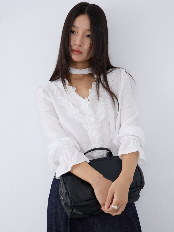【欧凡】法式气质木耳花边V领长袖衬衫女+飘带25早秋新款小衫3160|undefined