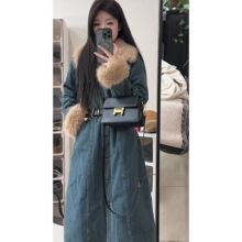 狐狸大毛领牛仔派克服连衣裙女冬收腰显瘦毛毛袖夹棉加厚复古棉服