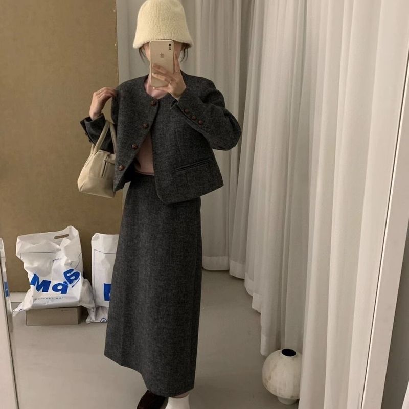 SHOP 98小香风毛呢套装女秋冬感气质呢子短外套半身裙两件套|undefined