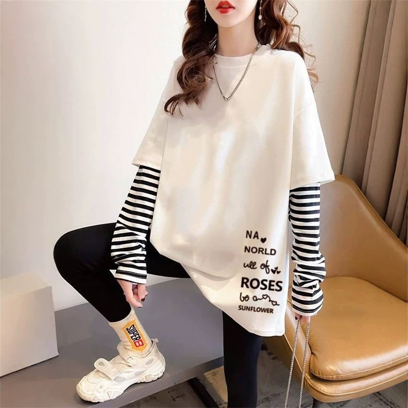 Autumn and winter pure cotton faux two-piece base shirt for women, fleece-lined and thickened, Korean style, loose fit, slimming, versatile, mid-length inner T-shirt Autumn and winter pure cotton faux two-piece base shirt for women, fleece-lined and thickened, Korean style, loose fit, slimming, versatile, mid-length inner T-shirt