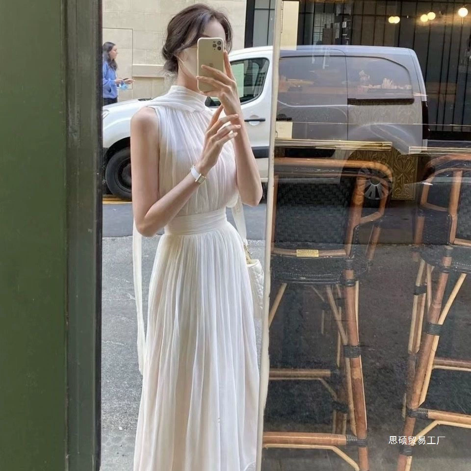 Белое платье-халтер для женщин, нишевый дизайн, весенне-летняя женская одежда 2025, новый французский шик, шифоновая длинная юбка