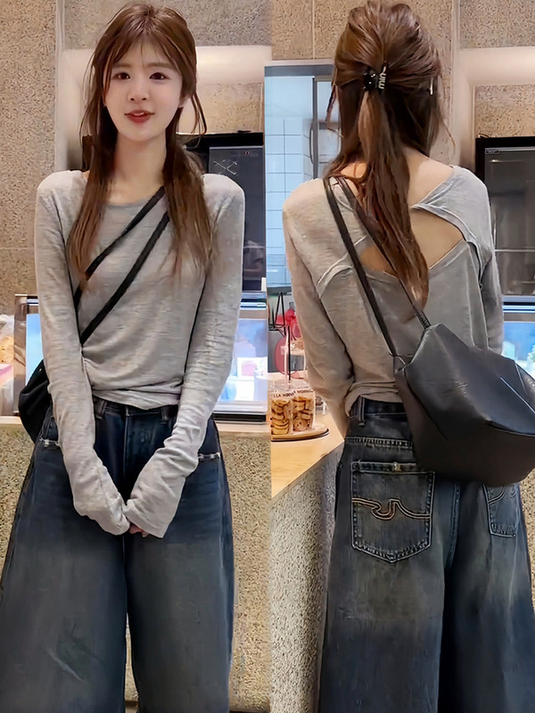 灰色长袖t恤女秋季2025款韩系别致chic小衫巨好看设计感露背上衣|undefined