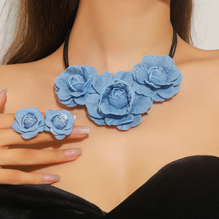 European and American cross-border jewelry fashion blue retro Denim rose collar suit multi-layer three-dimensional flower earrings