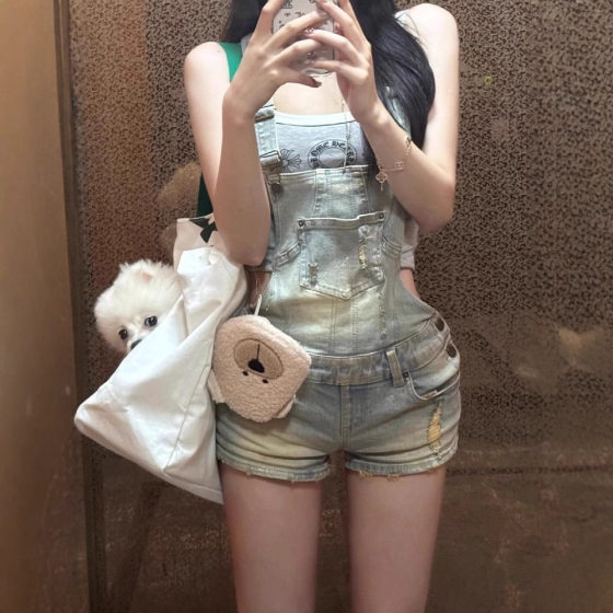 Vintage Distressed Washed Denim Strap Shorts for Women, Sexy Low-Rise Hip-Hugging Slim-Fit Shorts