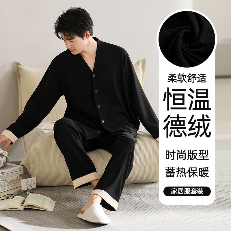 Men's Thermal Cotton Pajamas Spring and Autumn 2026 New Autumn and Winter Thin Fleece Men's Loungewear Warm Set Can Be Worn Outside