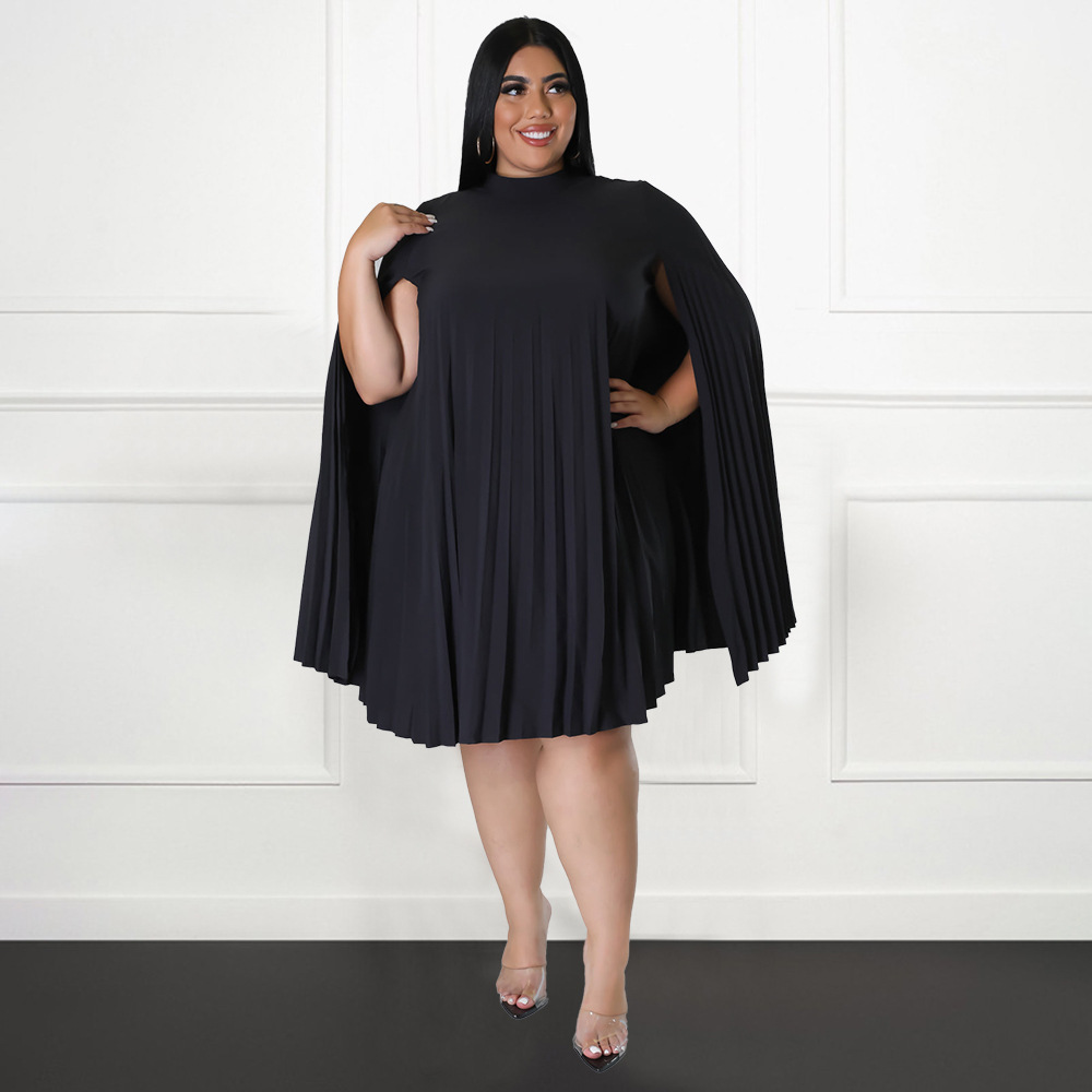 plus size solid color Trumpet Sleeve Loose Pleated Large Skirt dress NSLNW137052