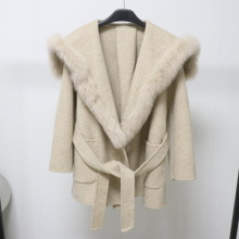 欧洲站秋冬新款双面羊毛大衣中长款海军领毛呢外套狐狸毛皮草领