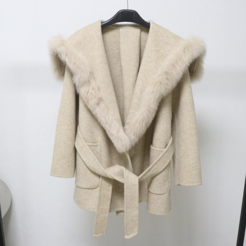 European Autumn and Winter New Double-Sided Wool Outwear Mid-Length Navy Collar Woolen Outwear Fox Fur Collar