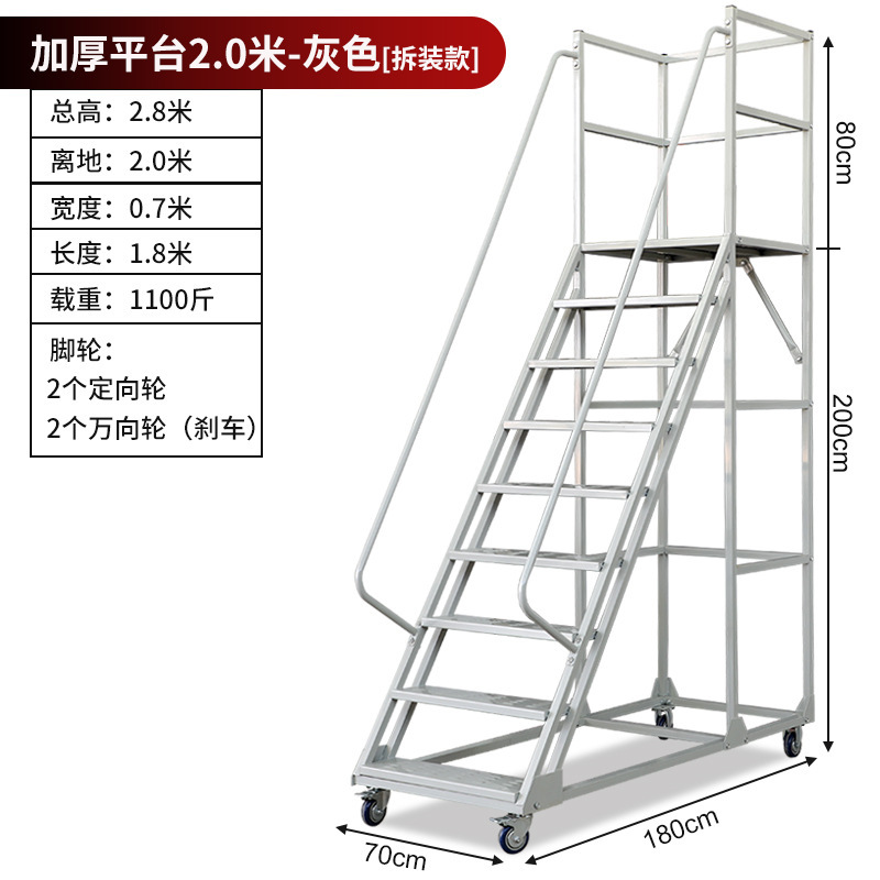 倉庫スーパー移動プラットフォーム登高車登高台倉庫貨物梯子静音輪安定防護梯子2.0m|undefined
