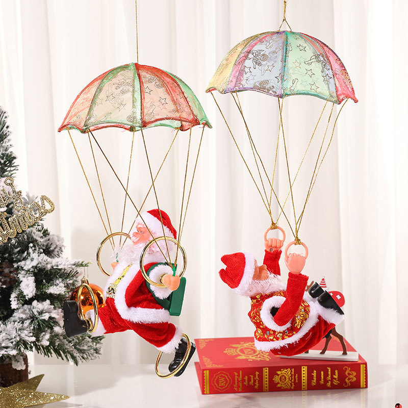 Decorazione natalizia creativa da appendere al soffitto con paracadute elettrico e musica di Babbo Natale, capriola e danza, regalo_voghion.com