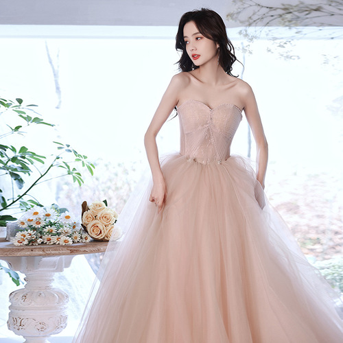 pink wine tulle evening dress birthday party dress female singers host solo piano performance long show thin show host French dress