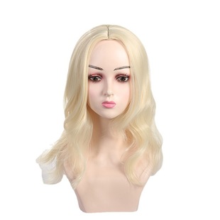 Foreign trade European and American Internet celebrity wig Women's Mid-length wavy curly hair chemical fiber head cover mid-length goose yellow wig wholesale