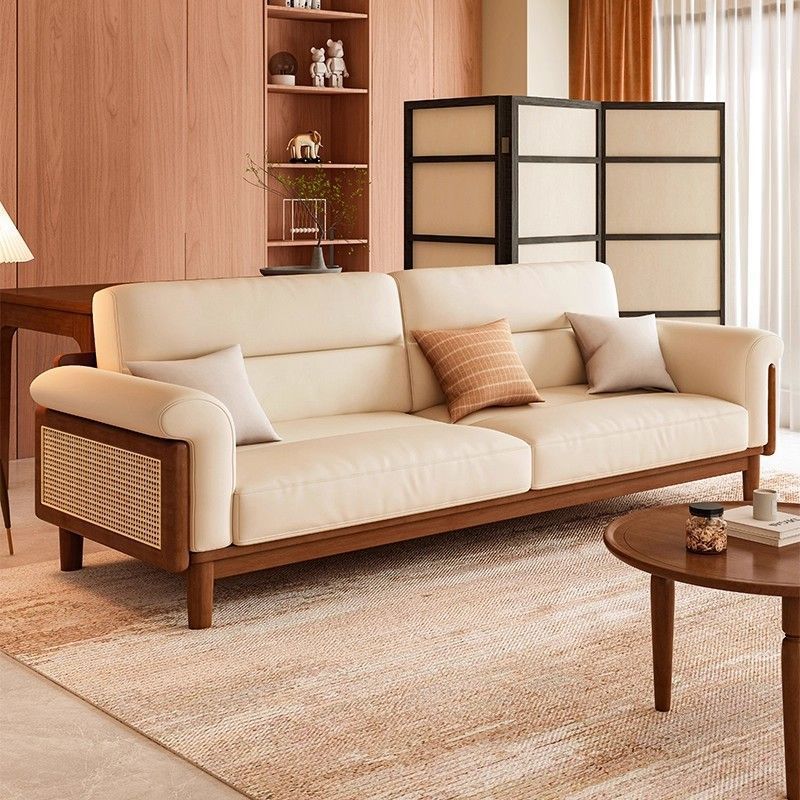 New Chinese-style solid wood sofa set, simple and modern, suitable for small apartments, home living room, rattan single and double sofas in a straight row