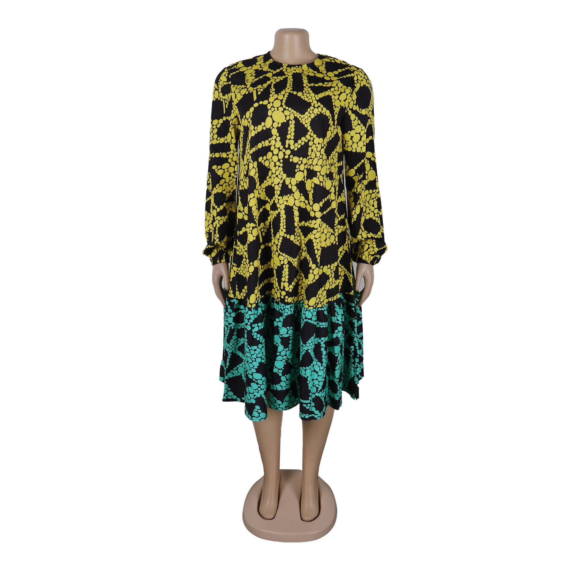 Printed Lace up Lantern Sleeve Loose Large Round Neck Dress