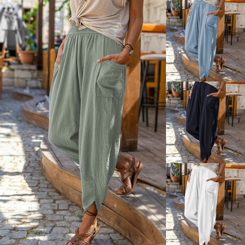 European and American Independent Station Spring and Summer New Casual Wide-leg Cotton and Linen Loose Leg Pants Beach Pants Women's in stock