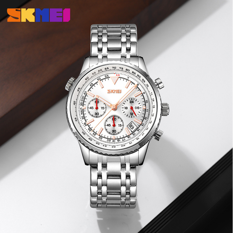 Momento de belleza multifuncional para hombres calendario de forma de cuarzo tres ojos seis agujas correa de acero relojes de negocios relojes de pulsera transfronterizos al por mayor