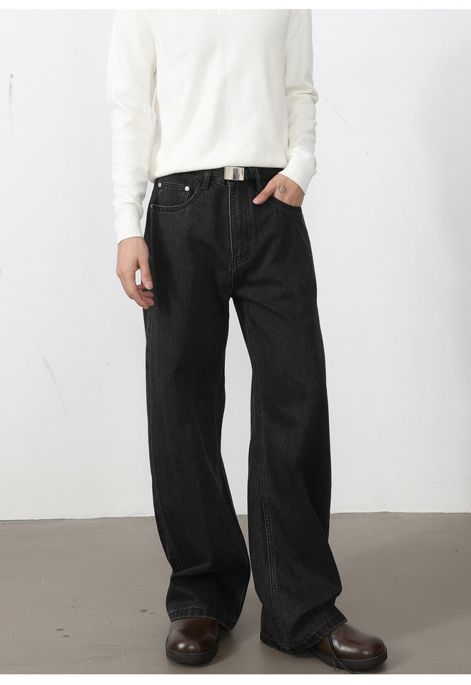Quần jean nam ống rộng dáng suông thoải mái kiểu Mỹ, vải denim xử lý giặt mài, lưng trung, dài quần — Xanh da trờicolor, Xám đen, màu xám nhạt chi tiết 25