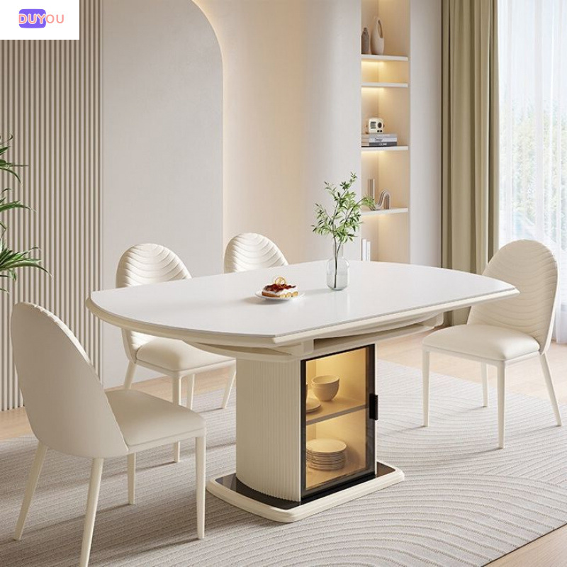 Dining Table and Chair Cream Style Rock Board Combination Household Small Apartment Retractable Folding Modern Simple Light Luxury Round Table Dining Table