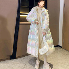 棉衣女新款亮面炫彩免洗连帽过膝长款大码加厚羽绒棉服幻彩棉袄冬