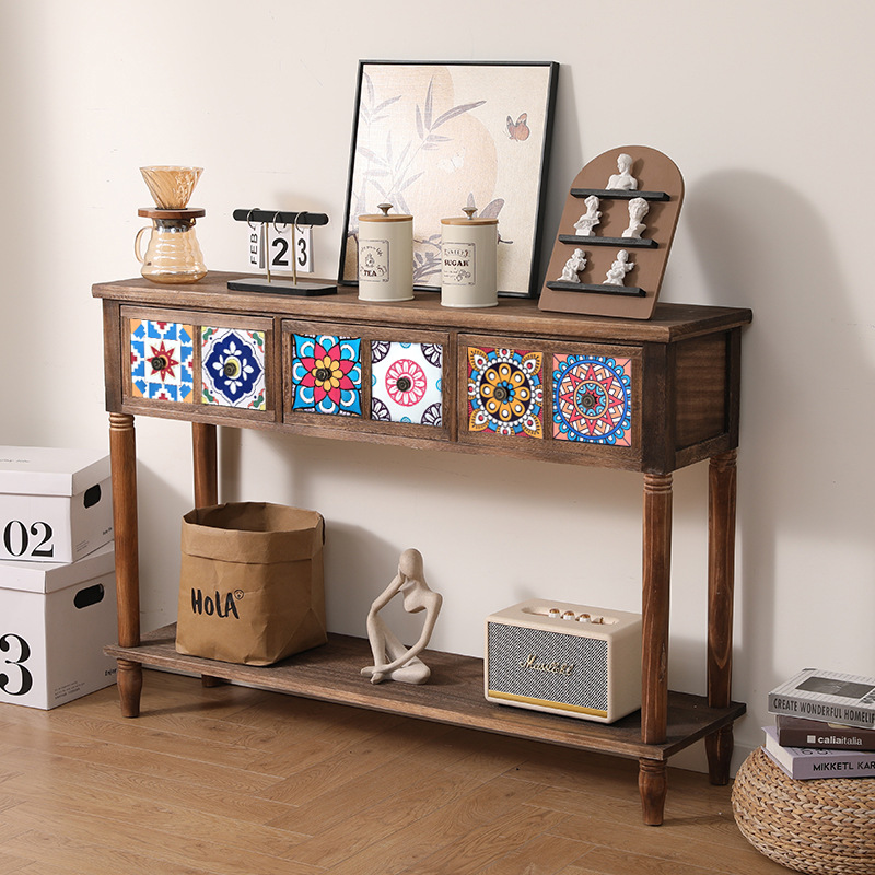 Customized American-Style Retro Solid Wood Storage Cabinet, Living Room Drawer-Type Storage Cabinet, Carved Chest of Drawers, Bedroom Wooden Storage Cabinet