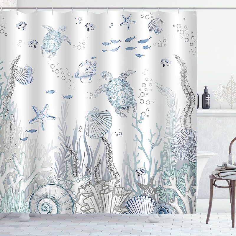 Coastal Sea Turtles Shower Curtain Fish Coral Starfish Shell Blue Ocean Beach Waterproof Polyester Fabric Bathroom Curtain