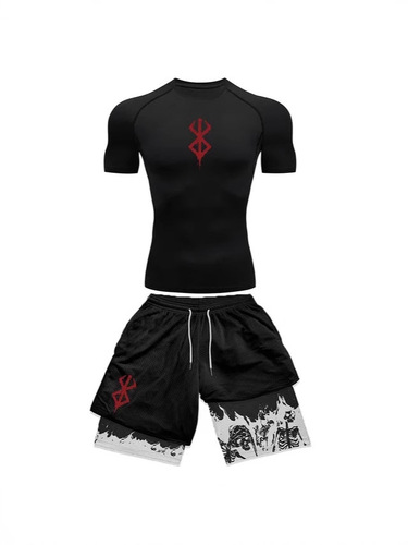 Men's Summer Casual Fitness Training Sport Short Sleeve Short Shorts Two-Piece Set with European and American Trend Prints