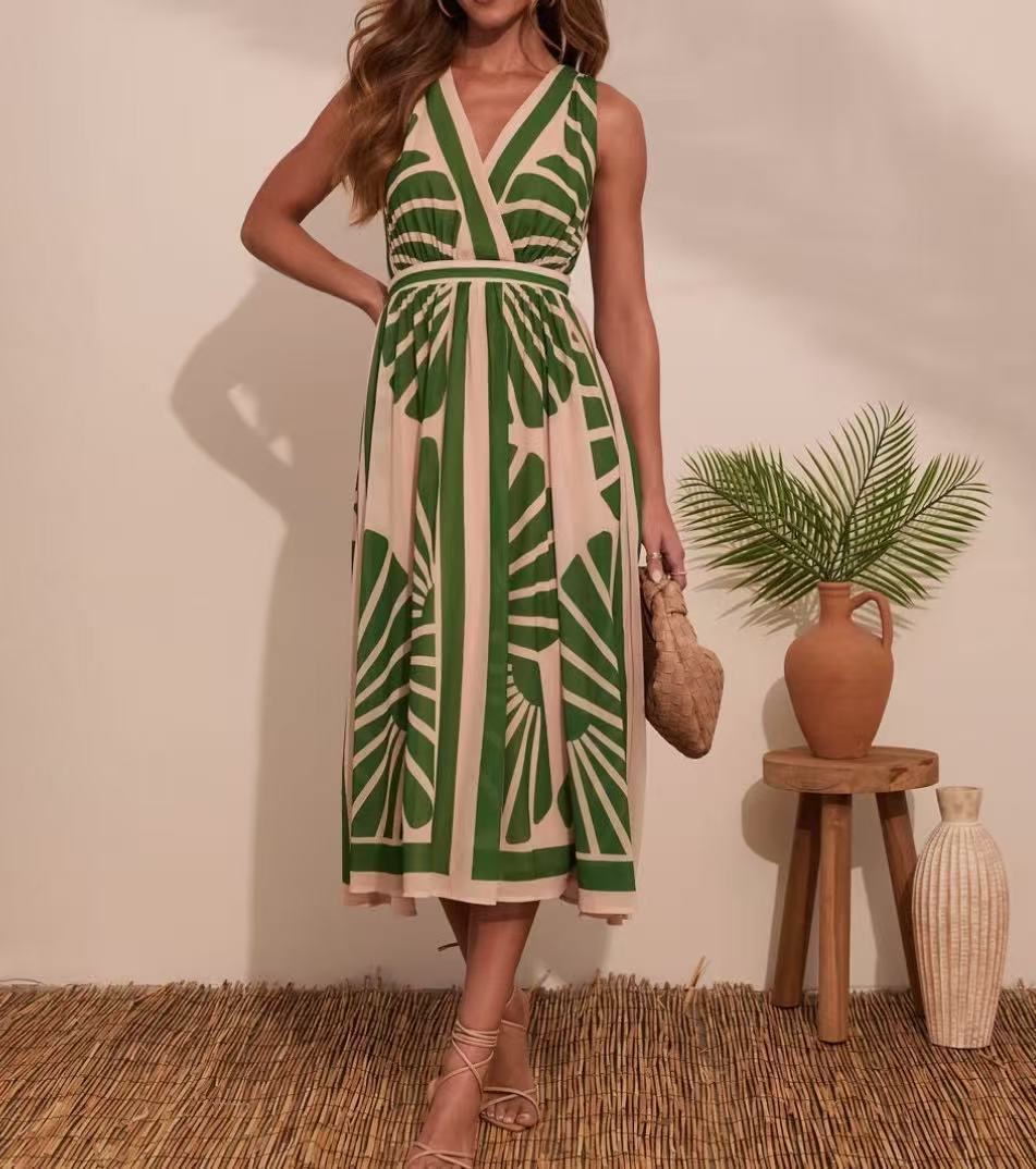 2025 Cross-Border Foreign Trade European And American Women's Clothing V-Neck Sleevel Bohemian Printed Long_ecoleips.com