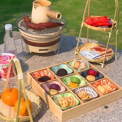 竹プレート、格子縞のディナープレート、フルーツ食器、盛り合わせ、スナック、おかず、木製トレイ、九方格子、軽食、鍋、ドライフルーツプレート