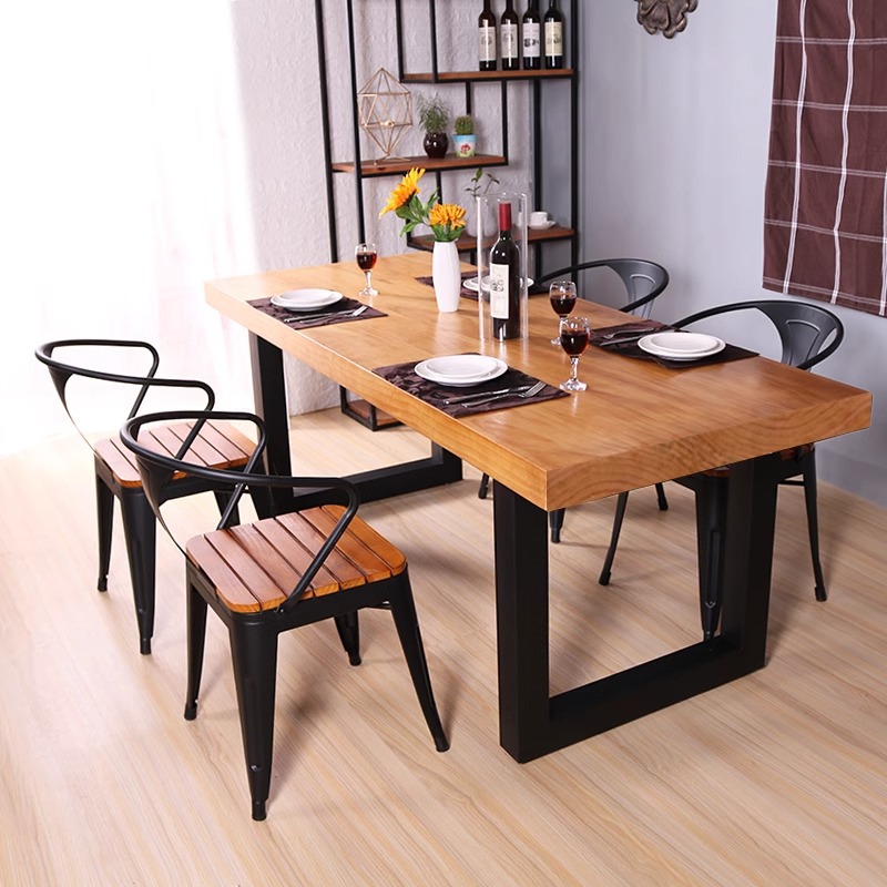 Industrial Style Restaurant Solid Wood Dining Table and Chair Combination Modern Leisure Simple Canteen Thickened Dining Table Restaurant Negotiation Table