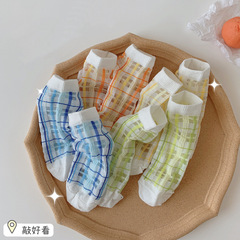 2024新品兒童襪子夏季薄款冰絲網眼襪子韓國亮色格子男童女童短襪