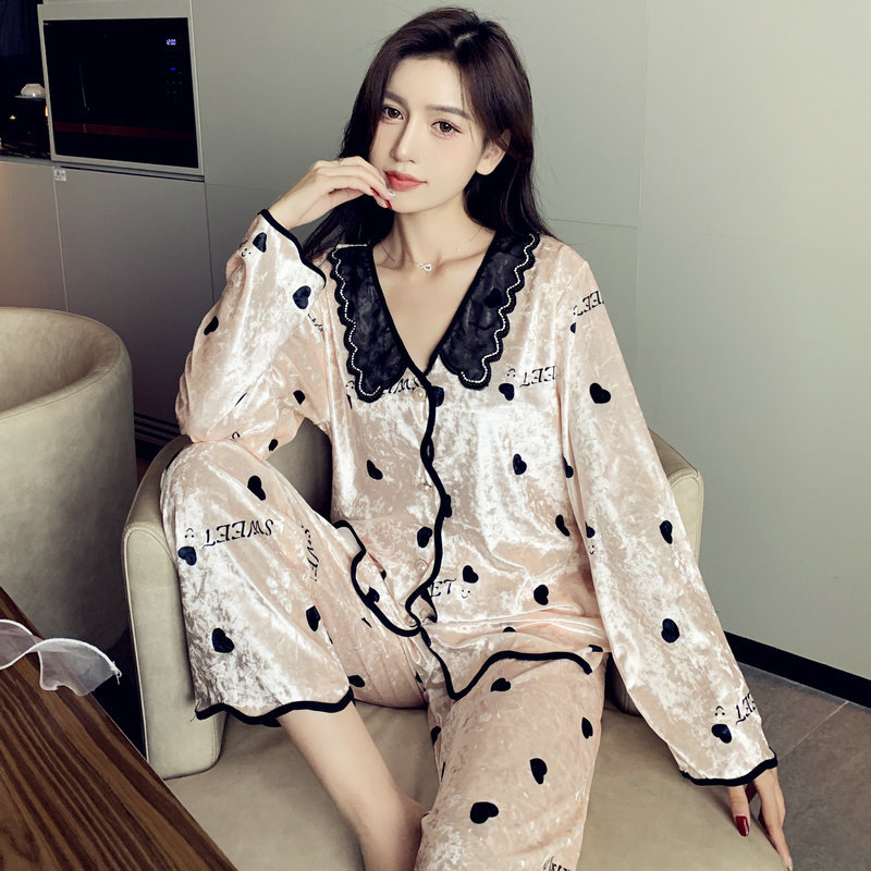 Cross-Border Popular Spring and Autumn Pajamas for Women, Light Luxury Style Gold Velvet Cardigan, Lapel, Long-Sleeved Trousers, Home Wear Women's Suit Cross-Border Popular Spring and Autumn Pajamas for Women, Light Luxury Style Gold Velvet Cardigan, Lapel, Long-Sleeved Trousers, Home Wear Women's Suit