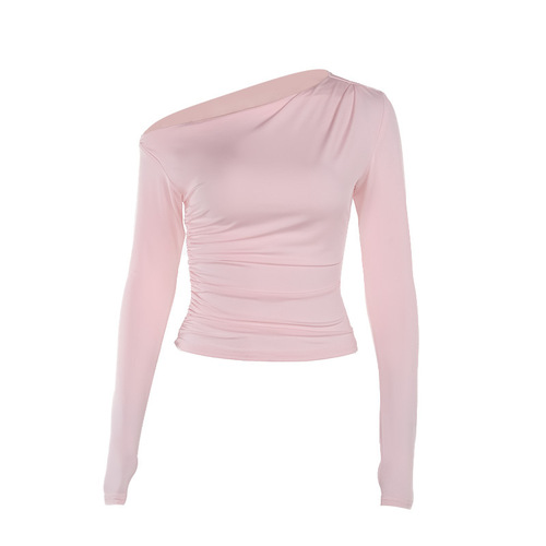 XY24338 Autumn 2024 New Women's Fashion Style, Elegant Casual, Versatile Sloping Shoulder, Slim Fit Long Sleeve Top