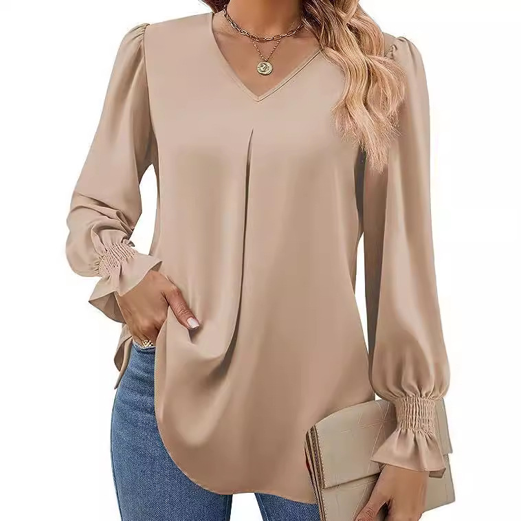 Las mujeres europeas y americanas transfronterizas de Amazon Otoño e Invierno nueva camisa de gasa sólida con cuello en V suéter camisa de manga larga de cuerno