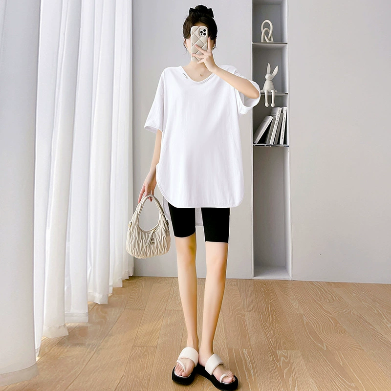 Summer clothing for pregnant, T-shirt, summer body-friendly set, with short sleeve, V-neckline, for teenagers, Korean style